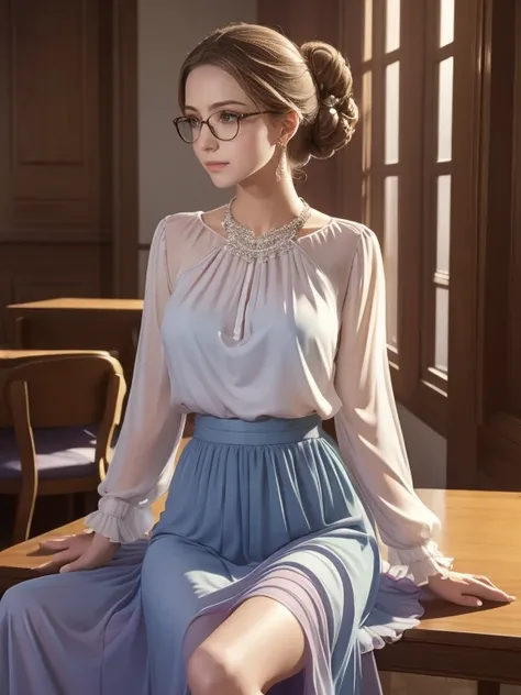 (Realistic、High resolution:1.3),alone, One Girl, masterpiece, highest quality, Very detailed, Cinema Lighting, Intricate details, High resolution, Official Art, Beautifully detailed face and eyes, High resolutionのイラスト, 8k, (Short bun hairstyle), Ash Brown ...