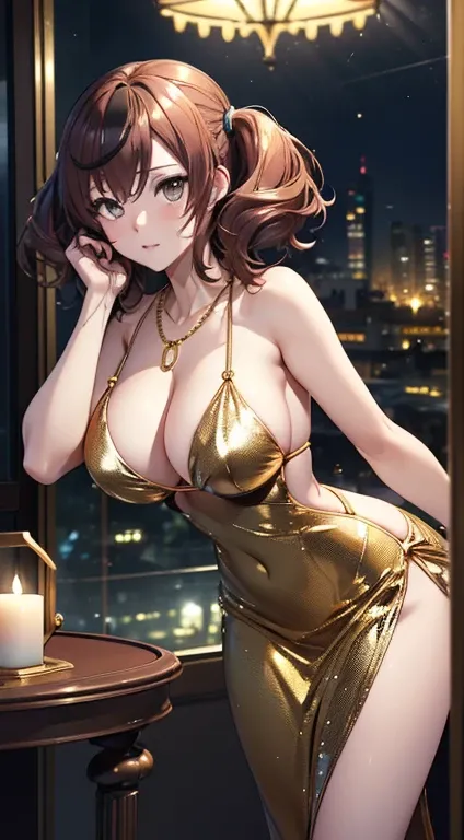 top-quality、Top image quality、nicenature、​masterpiece、girl with((20yr old、Best Bust、big bast、Bust 85、Breasts wide open、A slender、Large valleys、Gold Bikini、Gold Dress,Leaning forward、Reflecting the whole body)）hiquality、Beautiful Art、Background with((Luxury...