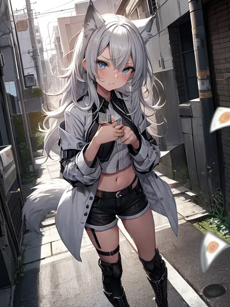 Single girl, Anime tomboy, Short height, Long white elegant hair, wolf ears, wolf tail, blue eyes, thigh high fishnets, black combat boots, long hair, nude, solo, only one female ((small breasts)) solo, alone, (SOLO)(ALONE) thighs, nice hips, blue eyes, pe...