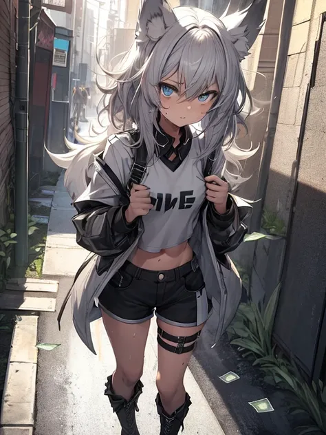 Single girl, Anime tomboy, Short height, Long white hair, (elegant hair), wolf ears, wolf tail, blue eyes, thigh high fishnets, black combat boots, long hair, nude, solo, only one female ((small breasts)) solo, alone, (SOLO)(ALONE) thighs, nice hips, blue ...