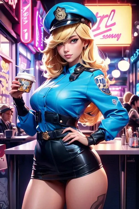 A new york policewoman in a cap and uniform and blonde hair posing in front of donuts, Background, In chic boho style, in a café, Ice cream print, multi-colored neon lights, neon garlands, blonde hair, mixed-language_SMS, Japanese graffiti, (beautiful and ...