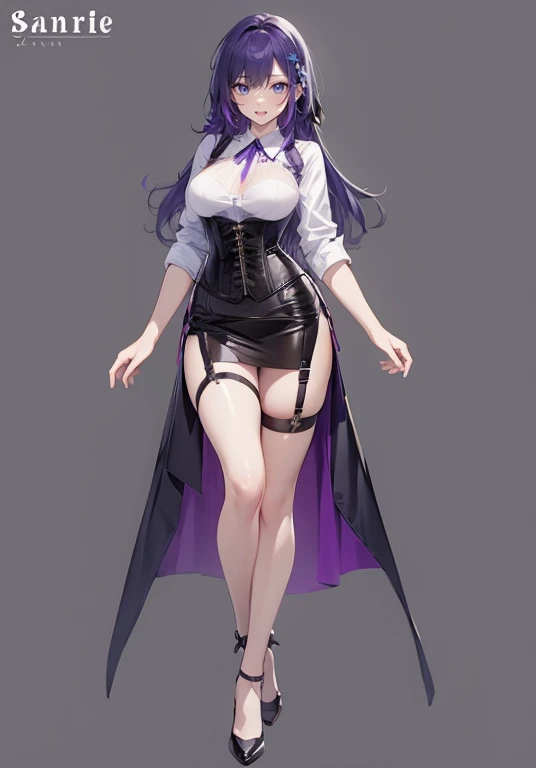 Purple hair,long hair,Adult female,(Bartender),((Body harness)),((Rolling up your sleeves shirt)),(Corset),(Tight skirt),((Garter belt)),(high heels),((Simple background)),Smile,((Full body)),((whole body)),Character Sheet,