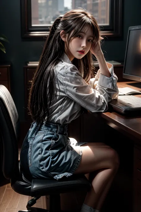 ((masterpiece, best quality, Highest image quality, Ultra-high resolution, Reality, original photo, 8k)), This painting depicts a woman working in an office，There is a full moon outside，Rows of desks in the office，Many desktop，The desk is filled with desig...