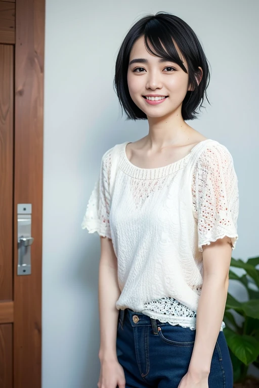 highest quality, masterpiece, Ultra-high resolution, (Realistic: 1.4), RAW Photos, 1 girl, The Beauty of Japan, Beautiful Skin, Black Hair: 1.7, Gakki, (((short hair: 1.5)), 30 years old, Laugh happily: 1.2,