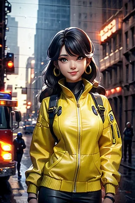 A woman in yelow firefighter costume posing for a picture, A  cyber girl, pretty face, fire truck on the streets of new york city in the background, sparkling simple make up, hippie clothes, sparkling pictures, high quality pictures