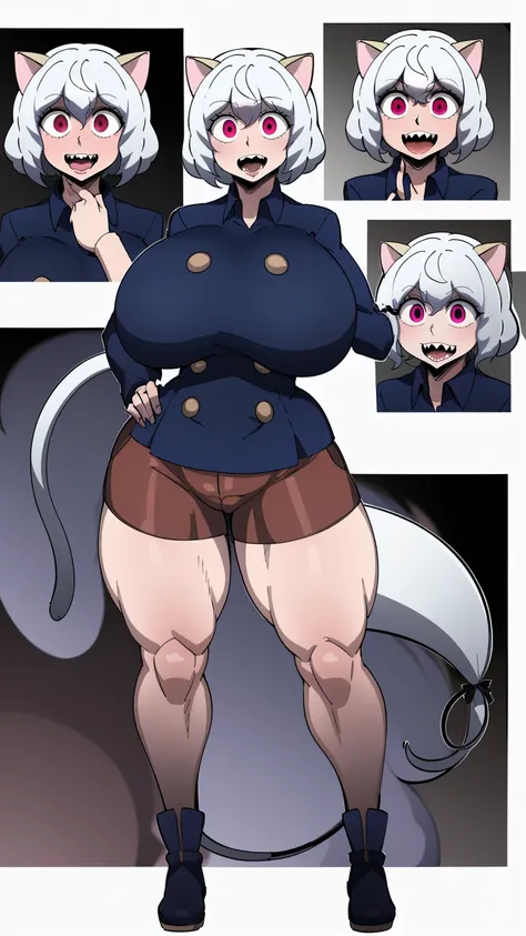 solo,open mouth,fangs,smile, Neferpitou,1girl,red eyes,cat ears, blue jacket,double-breasted, (nature:1.2),stading, full body, boots, huge breast, curvy, tall female,refsheet, cat tails,Neferpitou,1girl,red eyes,cat ears, blue jacket,double-breasted, (brow...