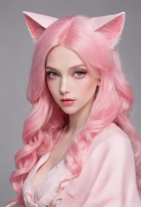 Jolie fille au tein coréaine foncé de 17 ans cheveux long bouclés en cosplay de chat tout rose  tout le corps regardant avec des yeux superbes dans une position ,cute very beautiful