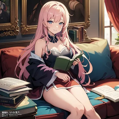 Cartoon character sitting on a sofa reading a book and looking at the camera, Illustration for a fairy tale by Kamaguruka, Pixiv, mannerism, Epic light novel art cover, epic Light novel cover, Light novel cover, isekai, Artbook artwork, Naughty anime style...