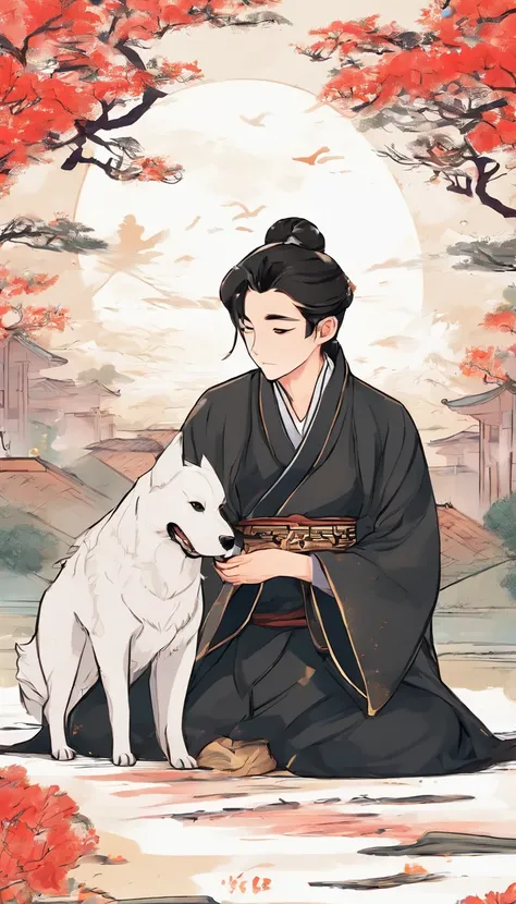 One was dressed in black Hanfu（Chinese traditional clothing）boy hugging a dog，Human and dog interaction，sit on the floor，Simple background，grassland，