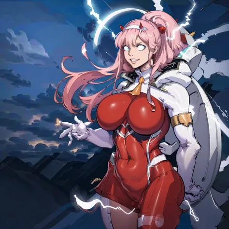 masterpiece, best quality, IncrsLowTier, electricity, glowing eyes zerotwo horns, hairband, necktie, red dress, pantyhose horns, hairband, red bodysuit, armlet, mecha horns, hairband, white bodysuit, white gloves, cap, red dress, white gloves, jacket on sh...