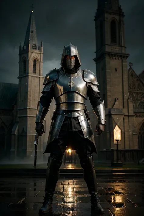 Epic young man knight templar,hard training in the rain,outside religious church,defending faith,Catholic Church,medieval armor,battle-ready sword,strong physique,determined expression,driven by honor and chivalry,perseverance despite the challenging weath...