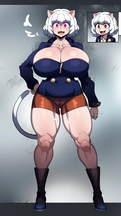 solo,open mouth,fangs,smile, Neferpitou,1girl,red eyes,cat ears, blue jacket,double-breasted, (nature:1.2),stading, full body, boots, huge breast, curvy, tall female,refsheet, cat tails,Neferpitou,1girl,red eyes,cat ears, blue jacket,double-breasted, (brow...