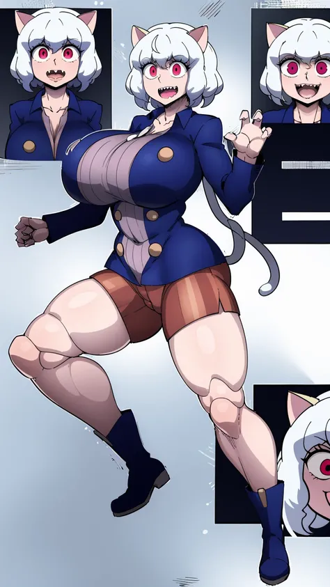 solo,open mouth,fangs,smile, Neferpitou,1girl,red eyes,cat ears, blue jacket,double-breasted, (nature:1.2),stading, full body, boots, huge breast, curvy, tall female,refsheet, cat tails,Neferpitou,1girl,red eyes,cat ears, blue jacket,double-breasted, (brow...