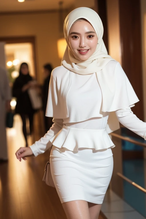 malay girl in hijab, wear pastel white peplum dress, going to dinner, smiling, very long white hijab, wear necklace, front view,...