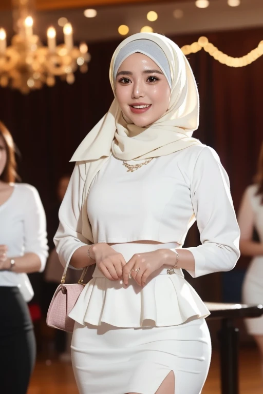 Malay girl in hijab, wear pastel white peplum dress, going to dinner, smiling, very long white hijab, wear necklace, front view, hijab blown, windy, detail skin, age spot, detail skin texture, mole below eyes, small breast, flat chest, wide hips, small wai...