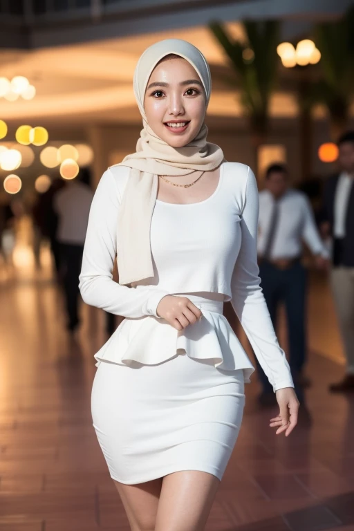 Malay girl in hijab, wear pastel white peplum dress, going to dinner, smiling, very long white hijab, wear necklace, front view, hijab blown, windy, detail skin, age spot, detail skin texture, mole below eyes, small breast, flat chest, wide hips, small wai...