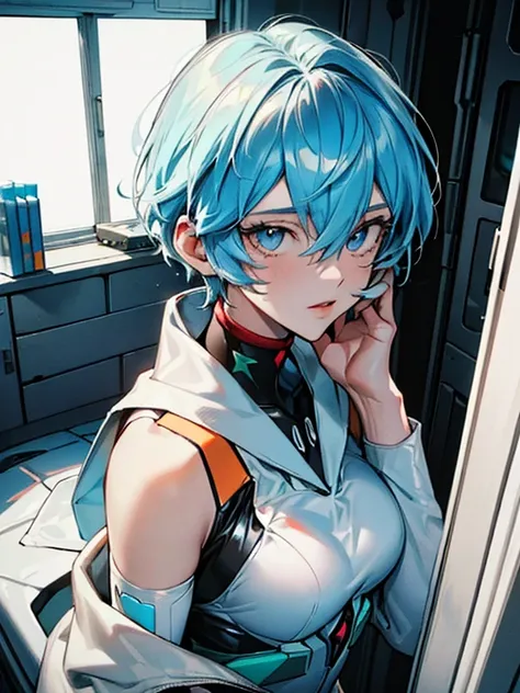 (aerial view),dynamic angle,ultra detallado, illustration, de cerca, directo, 1 chica, ((rei ayanami, , auriculares de interfaz,...