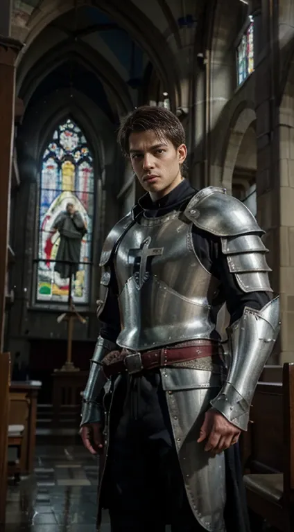 Epic young man knight templar,hard training pull ups and calisthenics in the rain,outside religious church,defending faith,Catholic Church,medieval armor,battle-ready sword,strong physique,determined expression,driven by honor and chivalry,perseverance des...