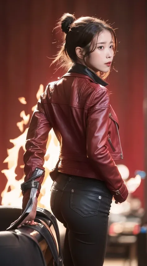 1 woman,masutepiece,Best Quality,High contrast,((Perfect Eye)),((brown eyes)),((Perfect face)),parted_Lips,((red color flame background)),(Black leather jacket),(Black leather pants),Ponytail,8K, showing butt, picture taken from behind 