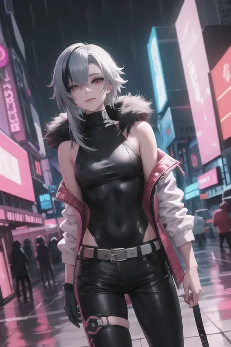 One girl, alone, city Light, (cyber punk, cyber punk style), From the side,
 Clown(Genshin Impact), x-shaped pupils, black eyes, Red pupils, Gray Hair,  black streaks, Striped Hair, 
eyelashes, eye_liner,  black pants, White shorts, 
bangs, chest, Exposing...