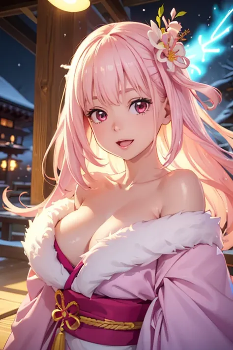 Very detailed CG Unity 8K wallpaper, Cute One lady, Mature pink hair、lady ,beautiful lady, pale skin (Super masterpiece, Beautiful person, well detailed face polluted smile, Photorealistic, hyper realisitic), Colorful winter kimono in pink and white colors...