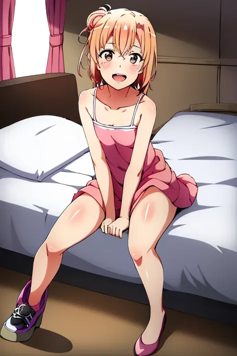 ((highest quality)), ((masterpiece)), (be familiar with), Perfect Face, indoor, Bedroom, Watching the audience,
One woman, Yuigahama Yui,
Open Mouth, Ecstatic expression, blush, smile,
Small breasts, Flat Chest, Young Girl, , , Girl,
Short Hair, Salmon-col...