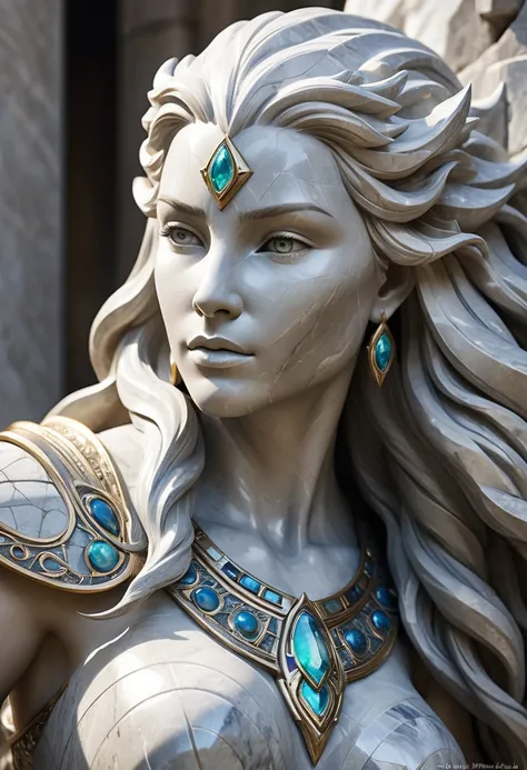 Create An Image Of A stone elemental Crafted From Polished Marble, Her Skin Gleaming With A Timeless Elegance. Despite Her Stony Exterior, Her Features Are Chiseled And Strong, Reflecting The Resilience Of Her Heritage. Surround Her With The Aura Of Ancien...