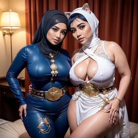 (Real Malay Hijab anime age: 42 yo MILF), best quality,masterpiece,8k wallpaper,absurdres, highres, ultra detailed, (1 beautiful milf, solo:1.1),eula_in_genshin, cowboy shot, 1girl, (blue short hair:1.5), (fleshy thicc body), (I have thicc arms:1.75), 1arm...