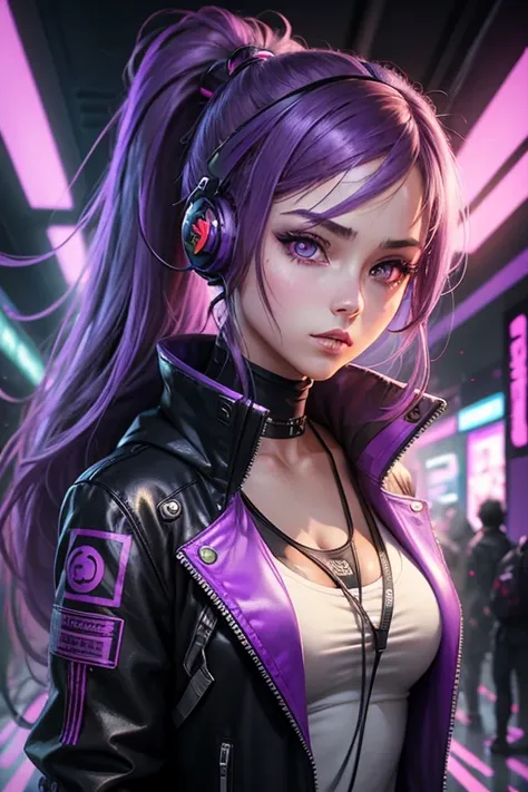 ((Best Quality)), Girl, 2d Anime, masterpiece, detailed ,scientific, purple eyes, ponytail hair, hair purple, ciberpunk outfit, cyberpunk headset, Cyberpunk Style, cyber wallpaper, purple survival jacke,