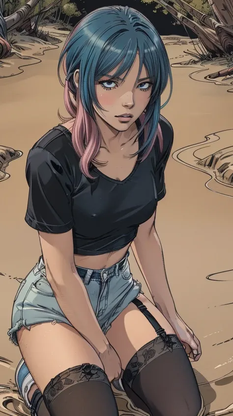 (best quality, highres), (vector image), (close-up), (anime), (young teenager girl), (colored hair), gloomy orgasm, (blush), (detailed black nylon stockings with garters:1.2), (denim shorts), (sporty top), (near quicksand bog), (blue), (sneakers), (fashion...