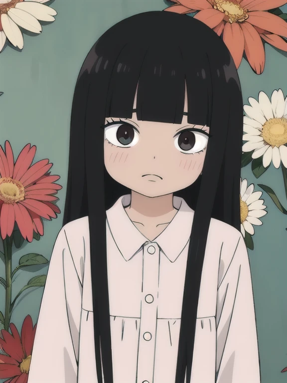 Chibi Sawako,chibi,pelo negro,pelo largo,flequillo contundente,ojos negros,corte de hime,
,chaqueta de sport,Camisa blanca,pajarita roja,camisa de cuello,mangas largas,
fondo floral,