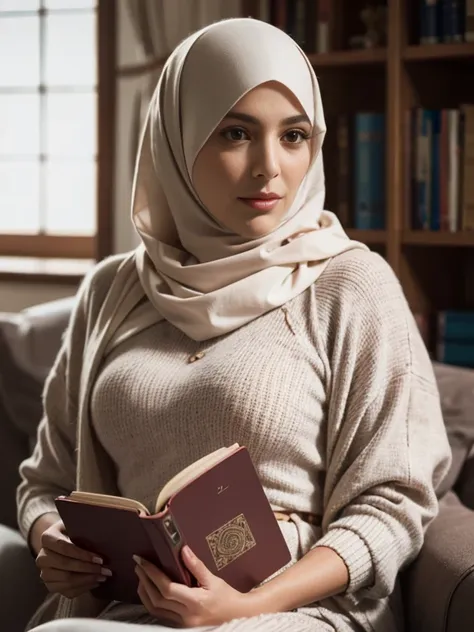 photo of a woman with 75 years, beautiful brunette ((model)) islamic women, looking forward seated, light brown eyes, wavy hair,...