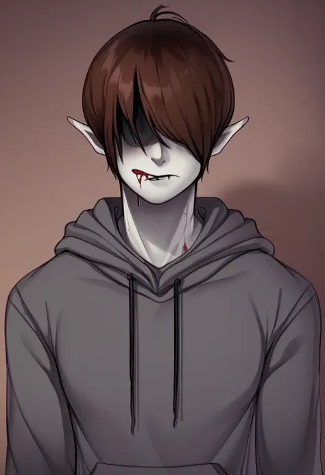 eyeless jack, creepypasta, grey hoodie, empty sockets dripping tar, grey skin, short brown hair, male, pointy ears