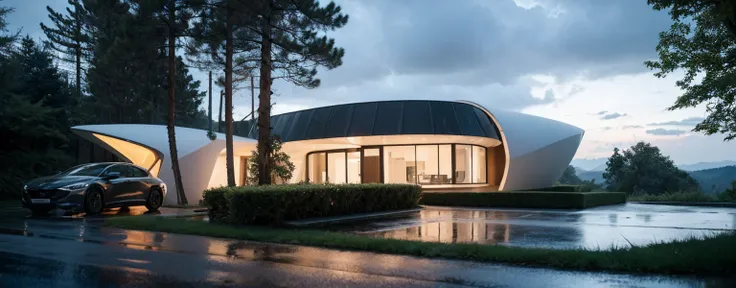 View of panoramic persperctiva, cinematic lighting, a house of futuristic modern architecture in the foreground, surrounded by forests, in the background there are beautiful skies, (rained), ((a house)), ((one car)),