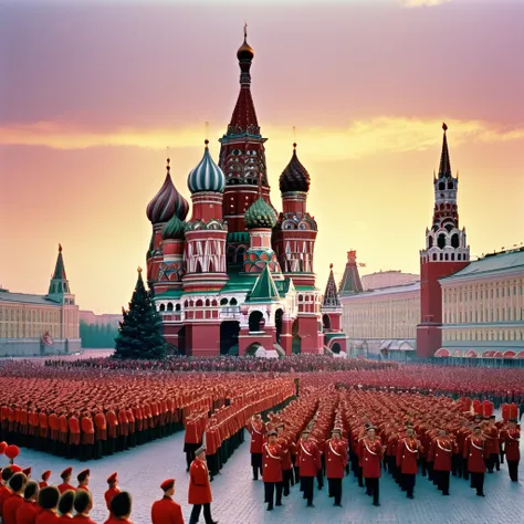 24k video quality，cinematic compositions，fine textures，sunset，red square moscow，in 1990，red army choir，mass of people