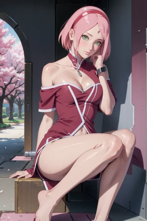 tmasterpiece， Best quality at best， 1girll， Sakura Haruno， Large breasts，Off-the-shoulder attire，（cleavage)，（upperbody closeup)，Raised sexy，is shy，ssmile，with pink hair，short hair， （Green eyeballs:1.4)， Forehead protection， the cherry trees，Cherry blossoms...