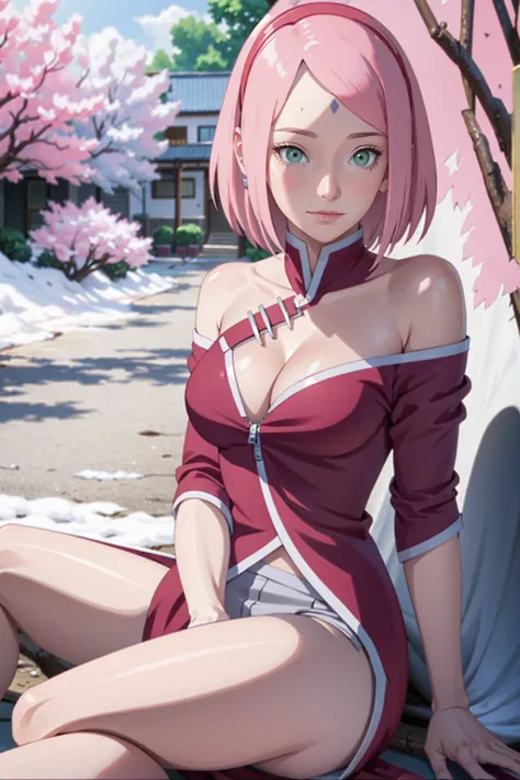 tmasterpiece， Best quality at best， 1girll， Sakura Haruno， Large breasts，Off-the-shoulder attire，（cleavage)，（upperbody closeup)，Raised sexy，is shy，ssmile，with pink hair，short hair， （Green eyeballs:1.4)， Forehead protection， the cherry trees，Cherry blossoms...