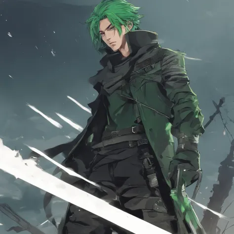 male、Green Hair、Wind Magic、Warrior、bandana、Black T-shirt、jeans、Wind Effects、battle