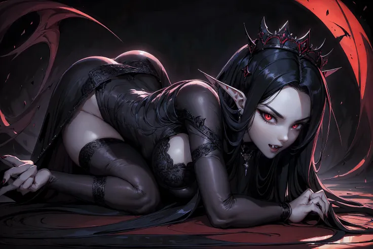 absurdres, ((stunning female Vampire))), goth Renaissance, (long black hair:1.erfect and detailed angular sharp oval shaped face, ((redeyes)), jewelry, red and black tetradic colors, full lips, gothic castle background, (solo), perfect anatomy, approaching...