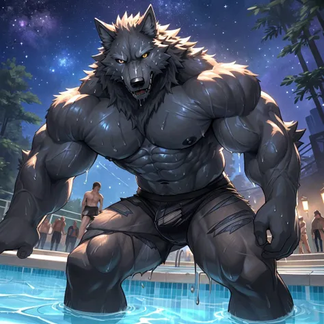 (highest quality:1.2), (masterpiece:1.2), anime, ultra detailed, angle from bottom, standing over viewer
, (Black Wolf:1.5), great physique,Strong arms, manly, bodybuilder, (Fine veins:1.5), (shine body:1.5)
, (Excessive sweating:1.7), (Sweat all over the ...