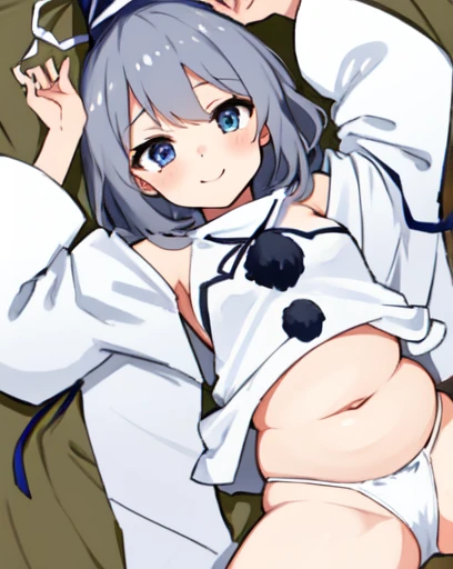 mononobe no futo, One Girl, Long sleeve, Sleeves edged with ribbon, Gray Hair, blue eyes, Proud face,
Underbust,  Small breasts, Spread your legs,Butt,Thighs,Plump，milk,Underarm,Underbust，vapor，High Leg，Low Angle,No underwear,vagina,Female organ,semen，smil...