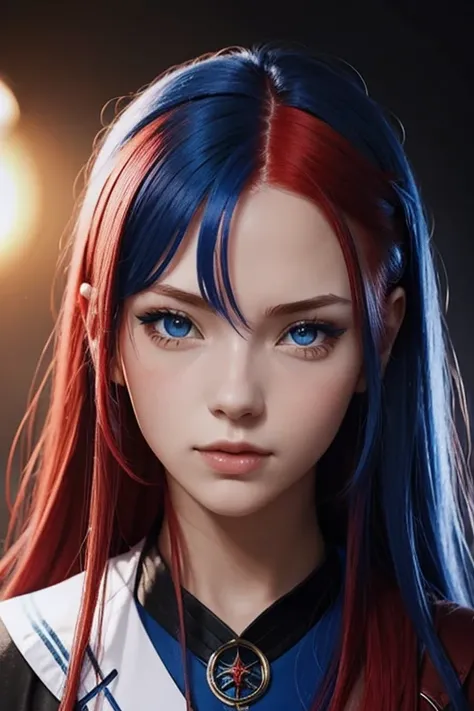 girl, blue red hair(1:2), good and evil