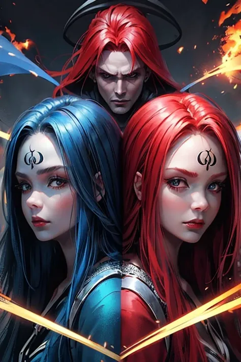 1girl, blue red hair(1:2), good and evil, heaven and hell
