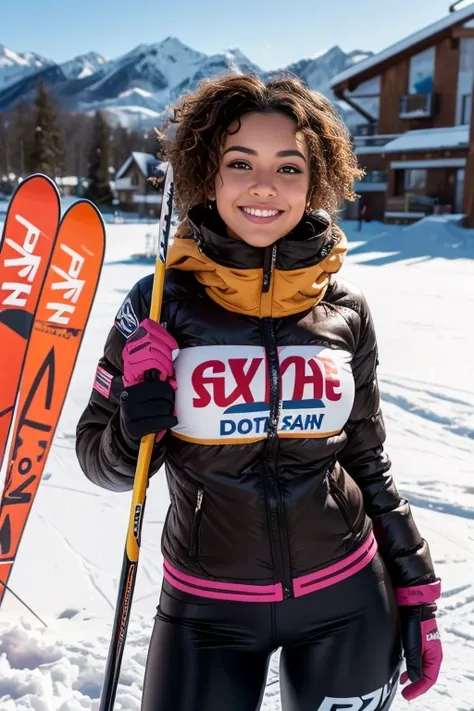 21 year old latina with curly hair and light brown eyes, des levres legerement pulpeuse et un beau sourire avec un piercing au septum qui est au ski en tenue de ski 