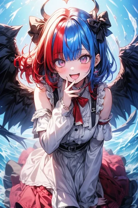 1girl, blue red hair(1:2), good and evil, heaven and hell
