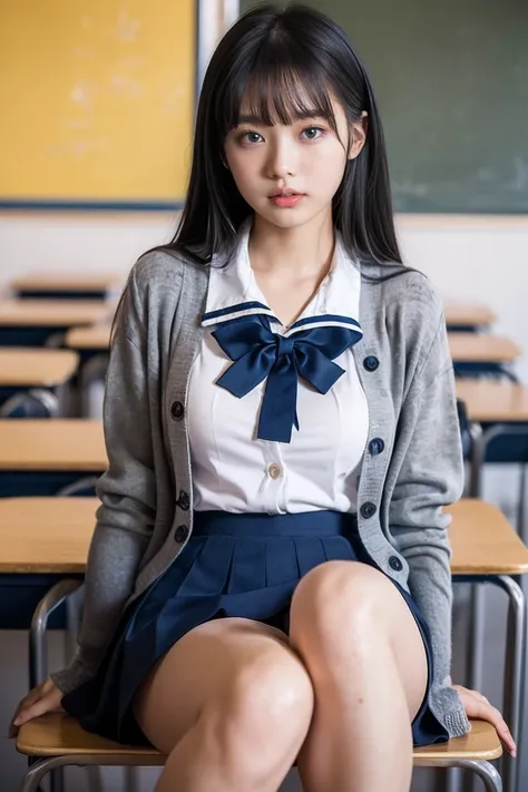 alone、high school girl、16 years old、Natural body shape、White skin、Natural Makeup、Black Hair、bangs、Straight Long Hair、、((((School uniform、White blouse、Grey long sleeve cardigan、Dark blue school ribbon))))、((((Navy blue pleated skirt、mini skirt))))、、((Big Br...