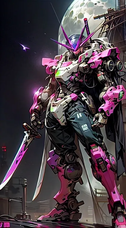 Milky Way background, mecha holding a long sword, front, purple mecha eyes deep and moving, on the moon, brilliant neon lights, the environment is glowing, science fiction, cyberpunk atmosphere.

