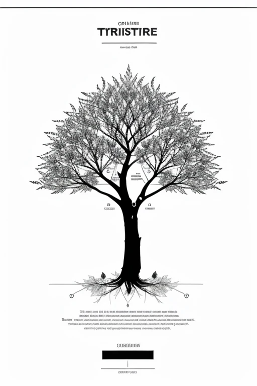 create an analytical tree with black and white systematic leaves and roots in vector style