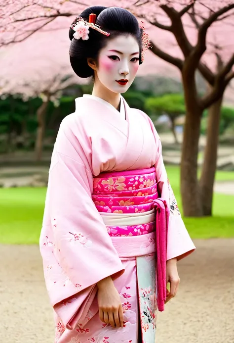 Crea una foto de una geisha en un parque de diversiones, ella debe ser muy linda y moderna, ojos grandes y su kimono debe ser rosa .