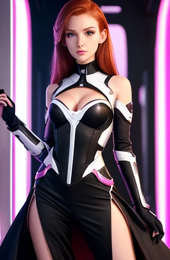 cyberposh aesthetic, white power armor, long black skirt, cleavage, dark ginger, irish genes, sharp scottish nose, subtle sexy sigh, pink skin, 20 year old, boy thin face, ginger, high forehead, skinny female magician, slender body, beautiful young woman f...